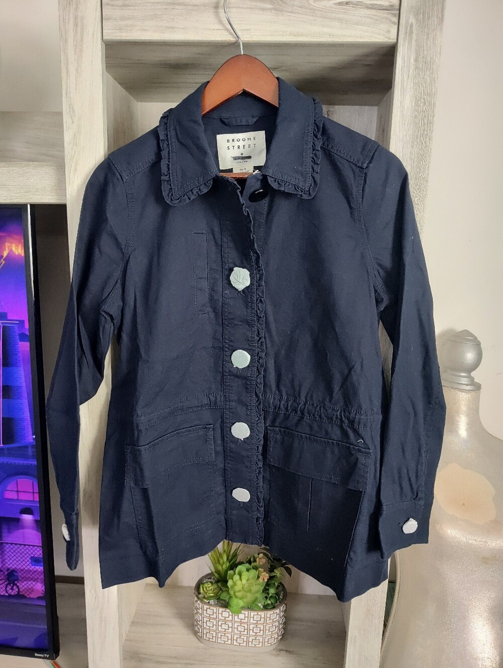Kate Spade Broome Street navy blue jacket features ruffle detailing XS